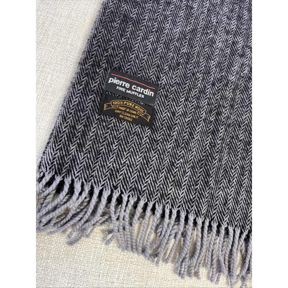 Vintage PIERRE CARDIN Fine Muffler Herringbone 100% Pure Wool Scarf Gray Classic - Picture 4 of 8